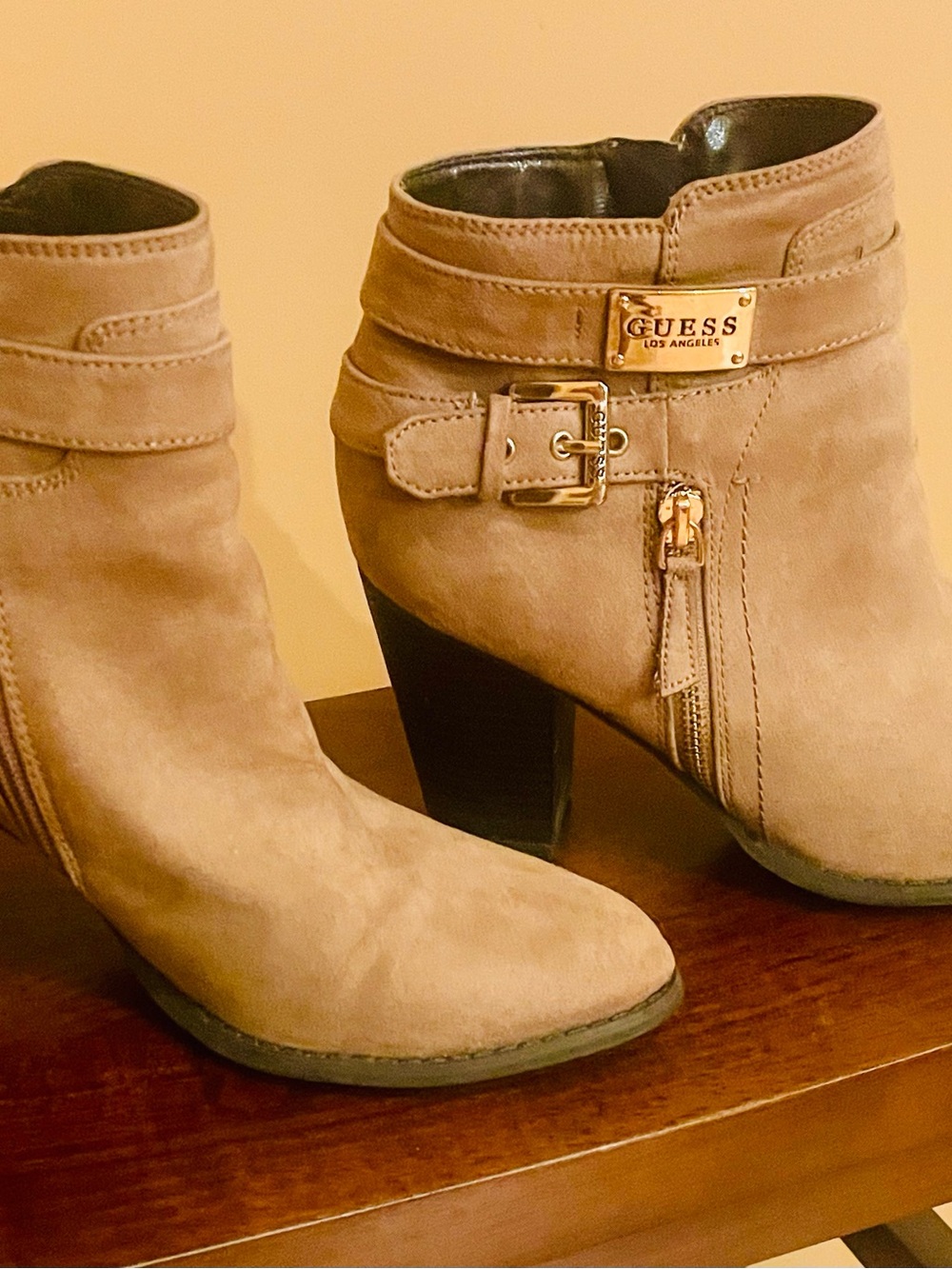 GUESS Taupe Suede Ankle Booties with Gold Plate